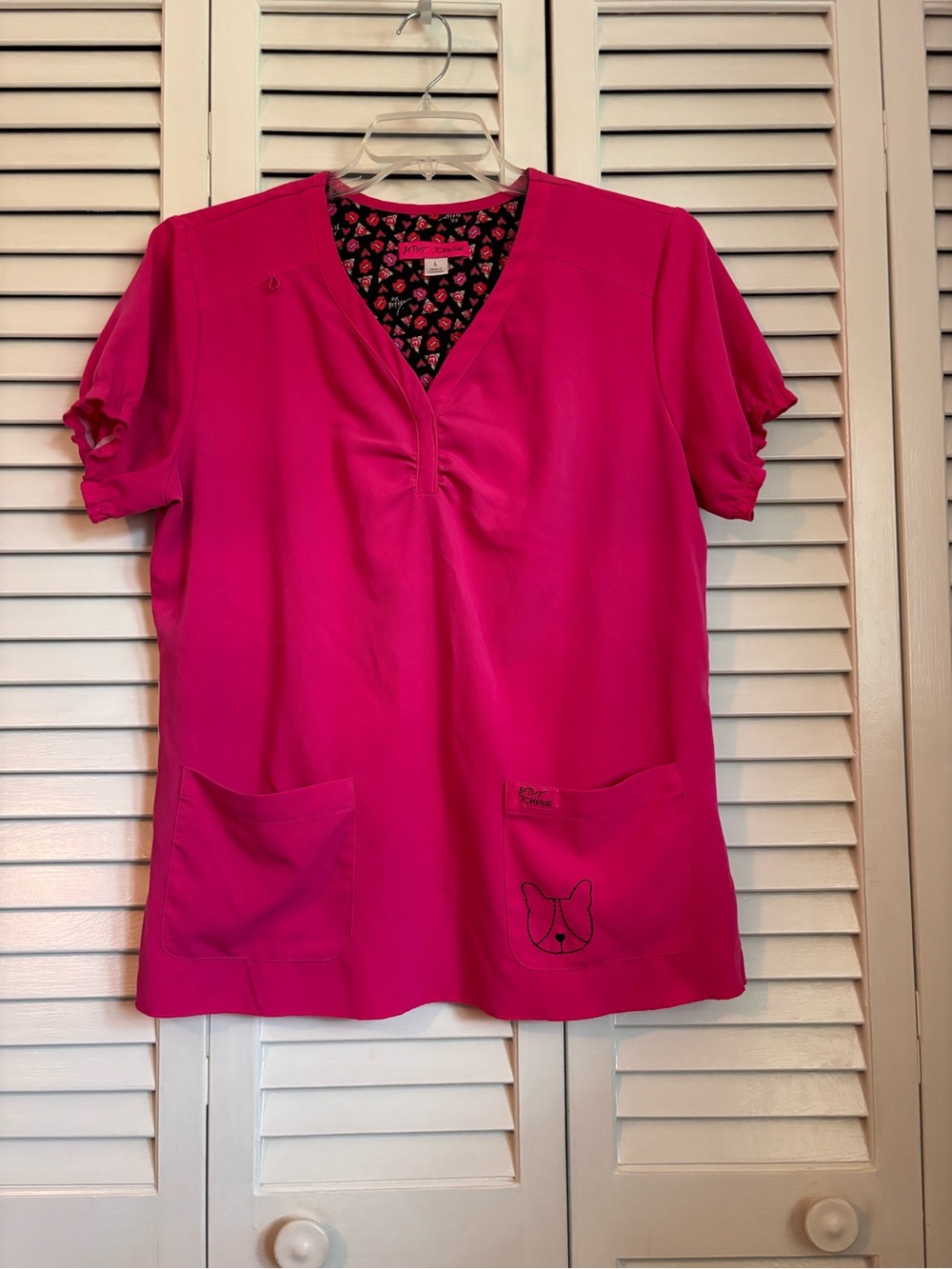 Betsey Johnson Hot Pink V-Neck Scrub Top with Dog Accent